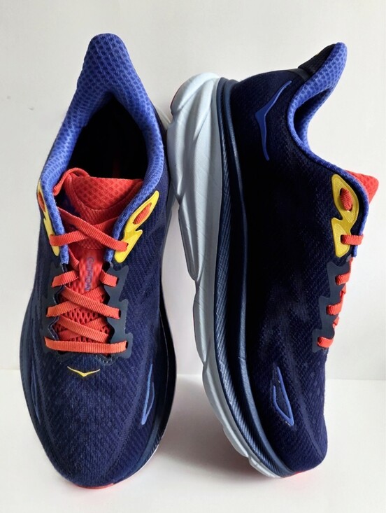 Hoka Other - Hoka (8 Wide) Clifton 9 Road Running Shoes, Navy Blue Orange & Yellow